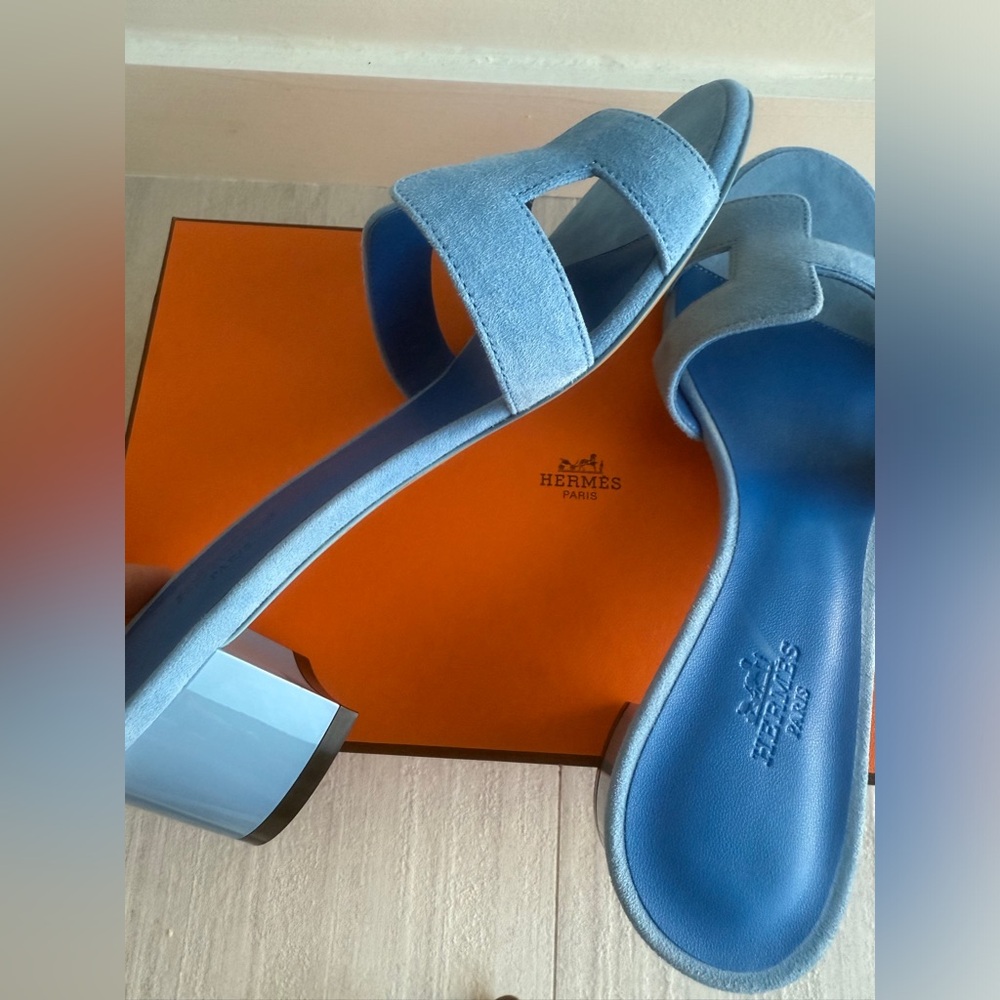 Hermes Bleu Cameo Oasis Sandals Velvet Goat size 37 - Picture 6 of 12